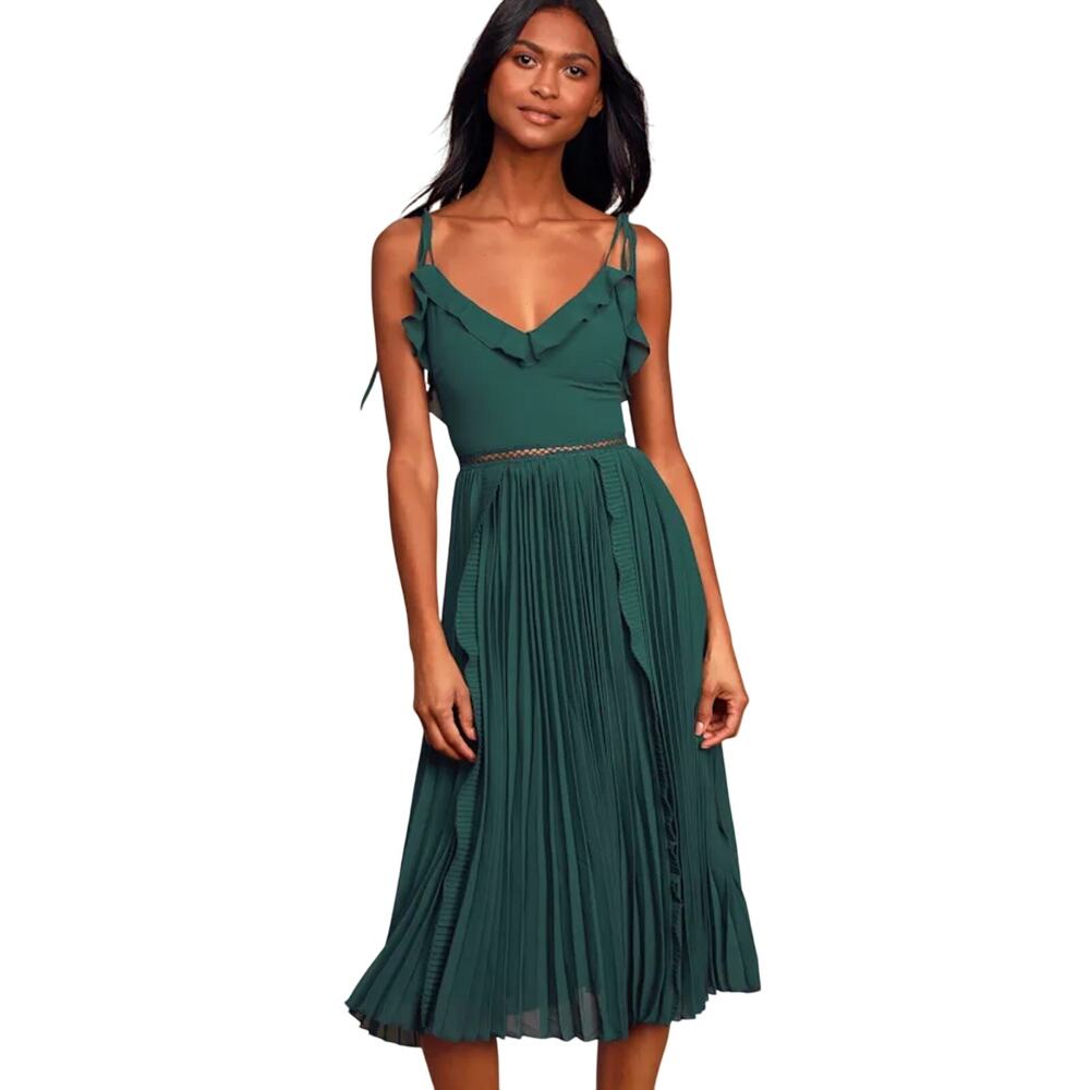 LULUS Women’s Never A Dull Moment Emerald Green Tie Strap Midi Dress